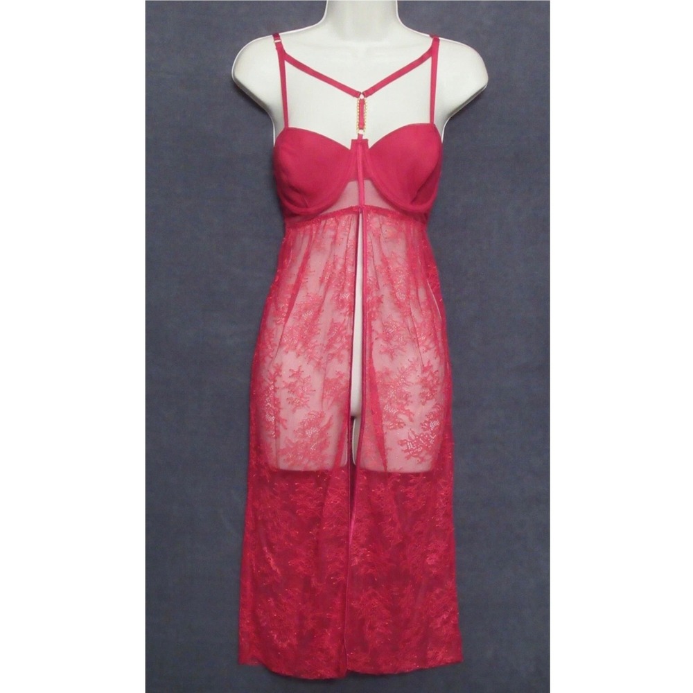 Victoria's Secret Babydoll Dress Women 36C Red Lace Y2K Strappy Underwire Slip